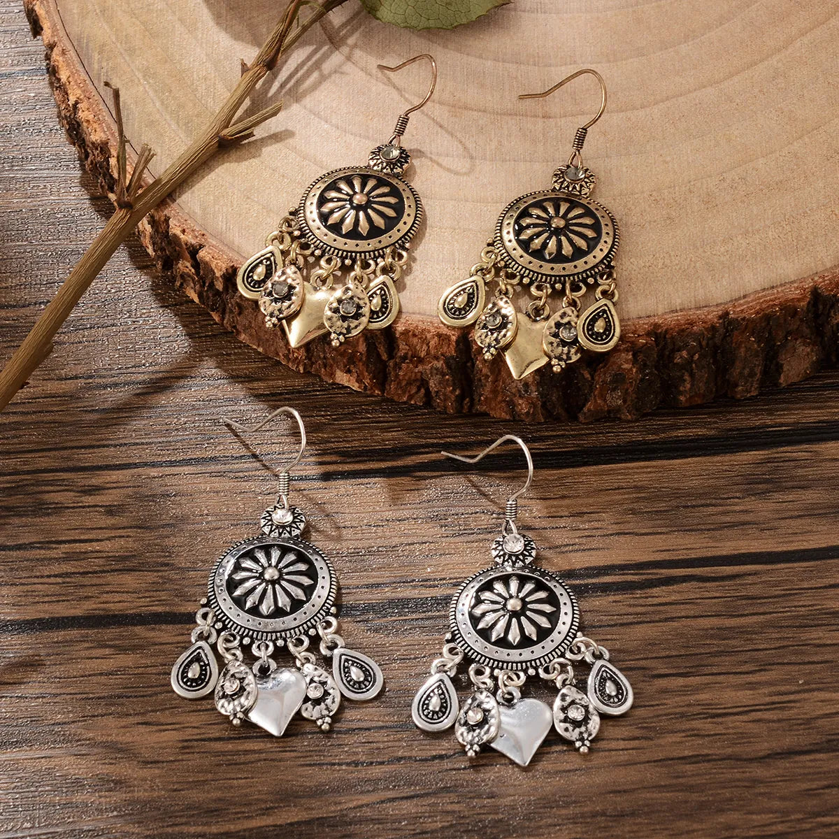 1 Pair Retro Ethnic Style Leaves Water Droplets Flower Hollow Out Inlay Alloy Natural Stone Rhinestones Drop Earrings