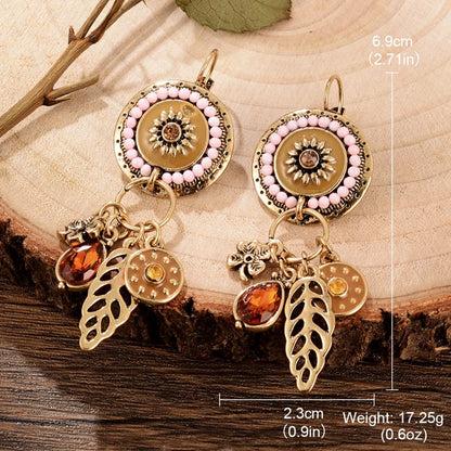 1 Pair Retro Ethnic Style Leaves Water Droplets Flower Hollow Out Inlay Alloy Natural Stone Rhinestones Drop Earrings