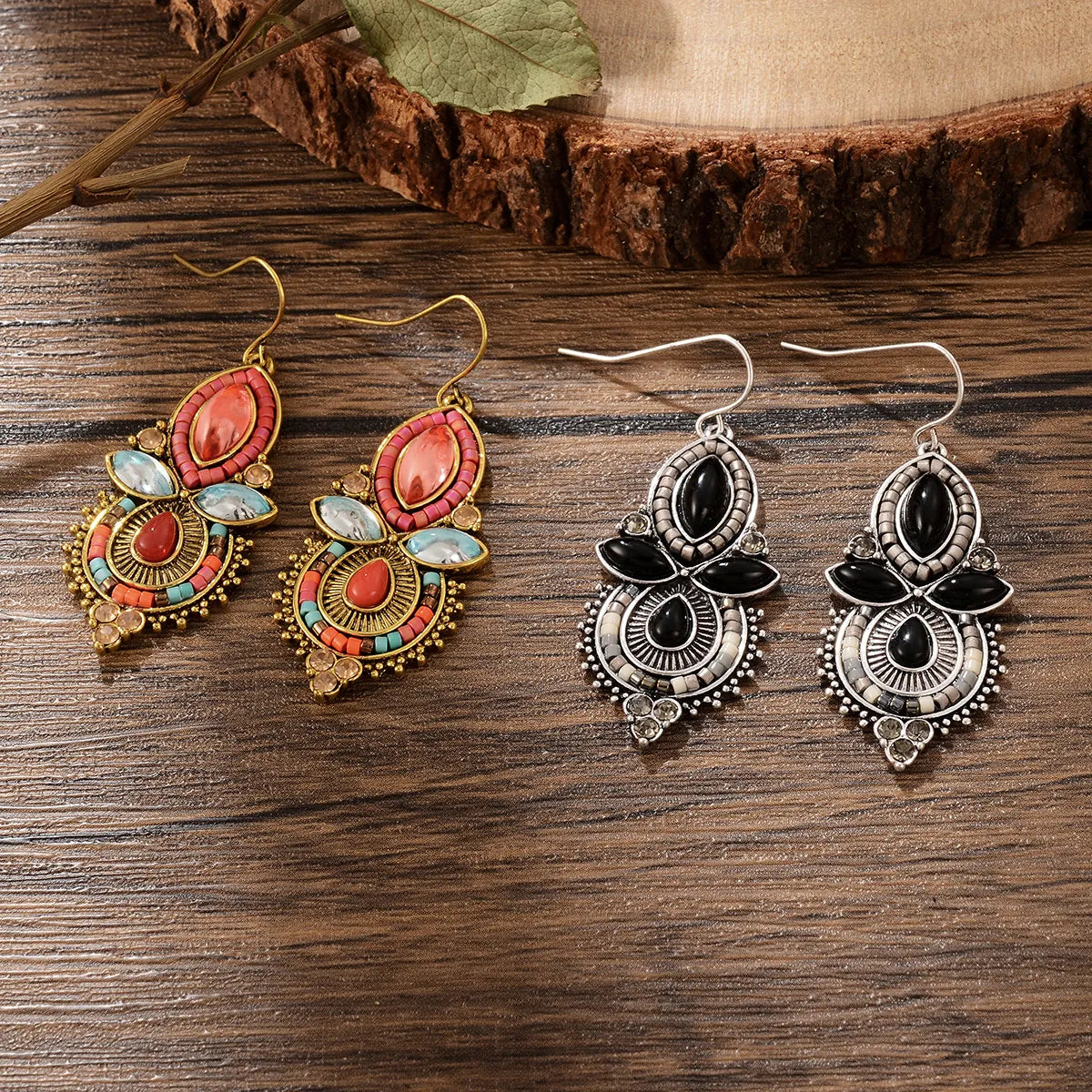 1 Pair Retro Ethnic Style Leaves Water Droplets Flower Hollow Out Inlay Alloy Natural Stone Rhinestones Drop Earrings