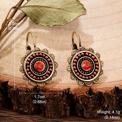 1 Pair Retro Ethnic Style Leaves Water Droplets Flower Hollow Out Inlay Alloy Natural Stone Rhinestones Drop Earrings