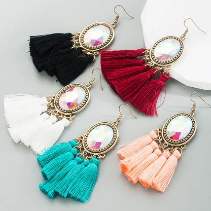 1 Pair Retro Ethnic Style Oval Tassel Tassel Plating Inlay Alloy Glass Drop Earrings