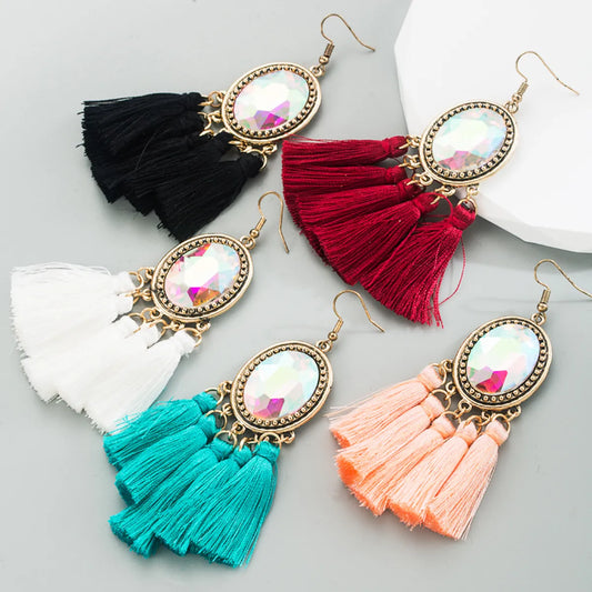 1 Pair Retro Ethnic Style Oval Tassel Tassel Plating Inlay Alloy Glass Drop Earrings