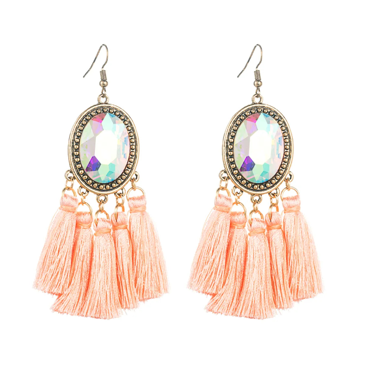 1 Pair Retro Ethnic Style Oval Tassel Tassel Plating Inlay Alloy Glass Drop Earrings