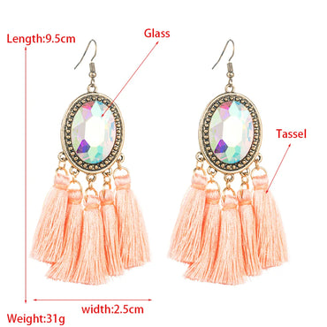 1 Pair Retro Ethnic Style Oval Tassel Tassel Plating Inlay Alloy Glass Drop Earrings