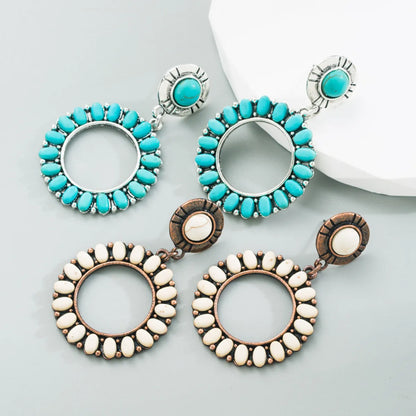 1 Pair Retro Ethnic Style Round Plating Inlay Alloy Turquoise Drop Earrings