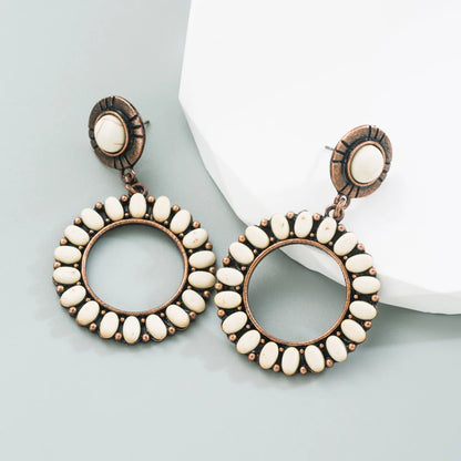 1 Pair Retro Ethnic Style Round Plating Inlay Alloy Turquoise Drop Earrings