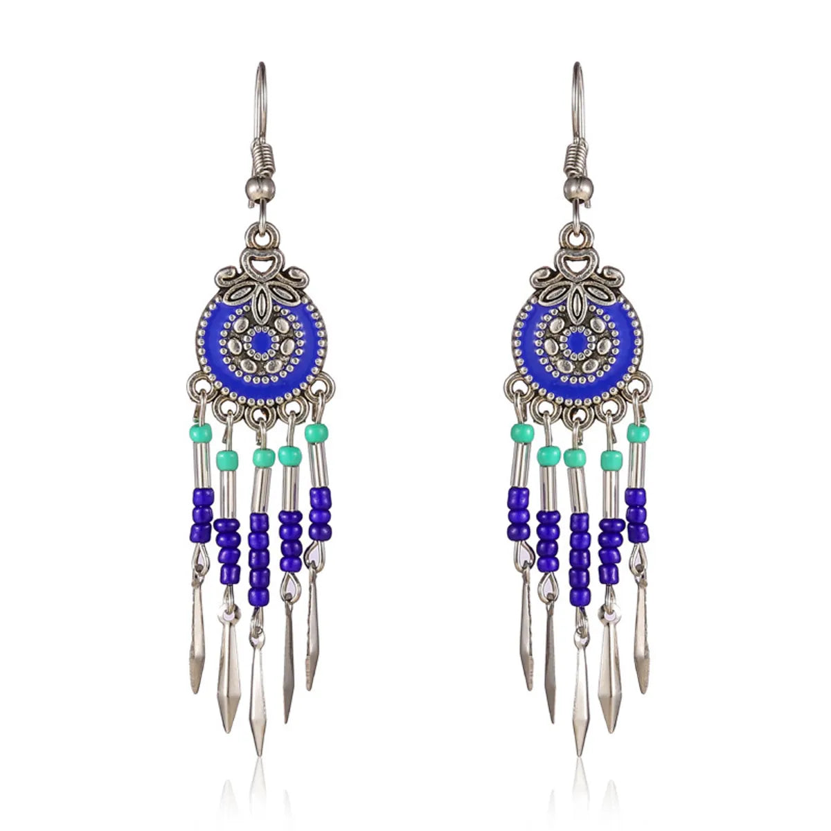 1 Pair Retro Ethnic Style Round Tassel Beaded Enamel Plating Alloy Drop Earrings