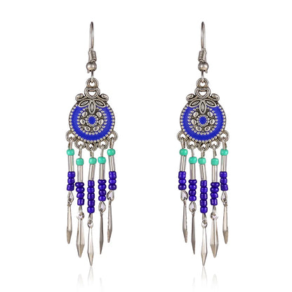 1 Pair Retro Ethnic Style Round Tassel Beaded Enamel Plating Alloy Drop Earrings