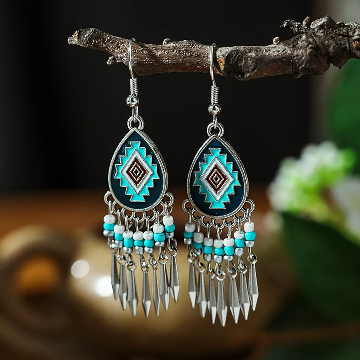 1 Pair Retro Ethnic Style Round Tassel Beaded Enamel Plating Alloy Drop Earrings