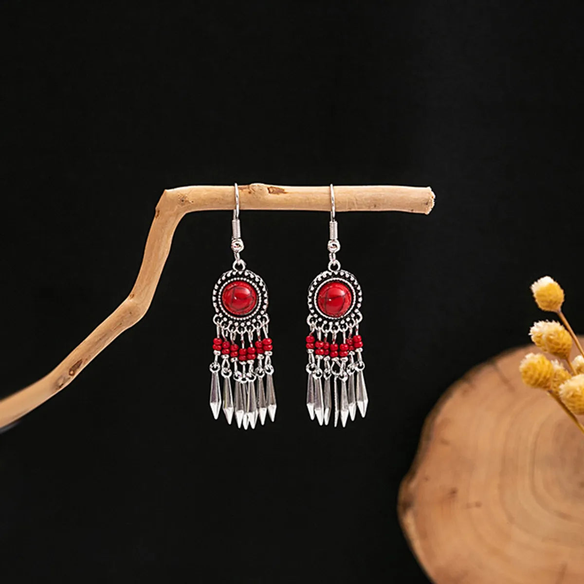 1 Pair Retro Ethnic Style Round Tassel Beaded Enamel Plating Alloy Drop Earrings