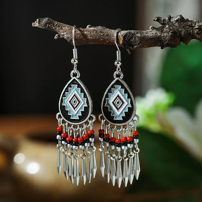 1 Pair Retro Ethnic Style Round Tassel Beaded Enamel Plating Alloy Drop Earrings