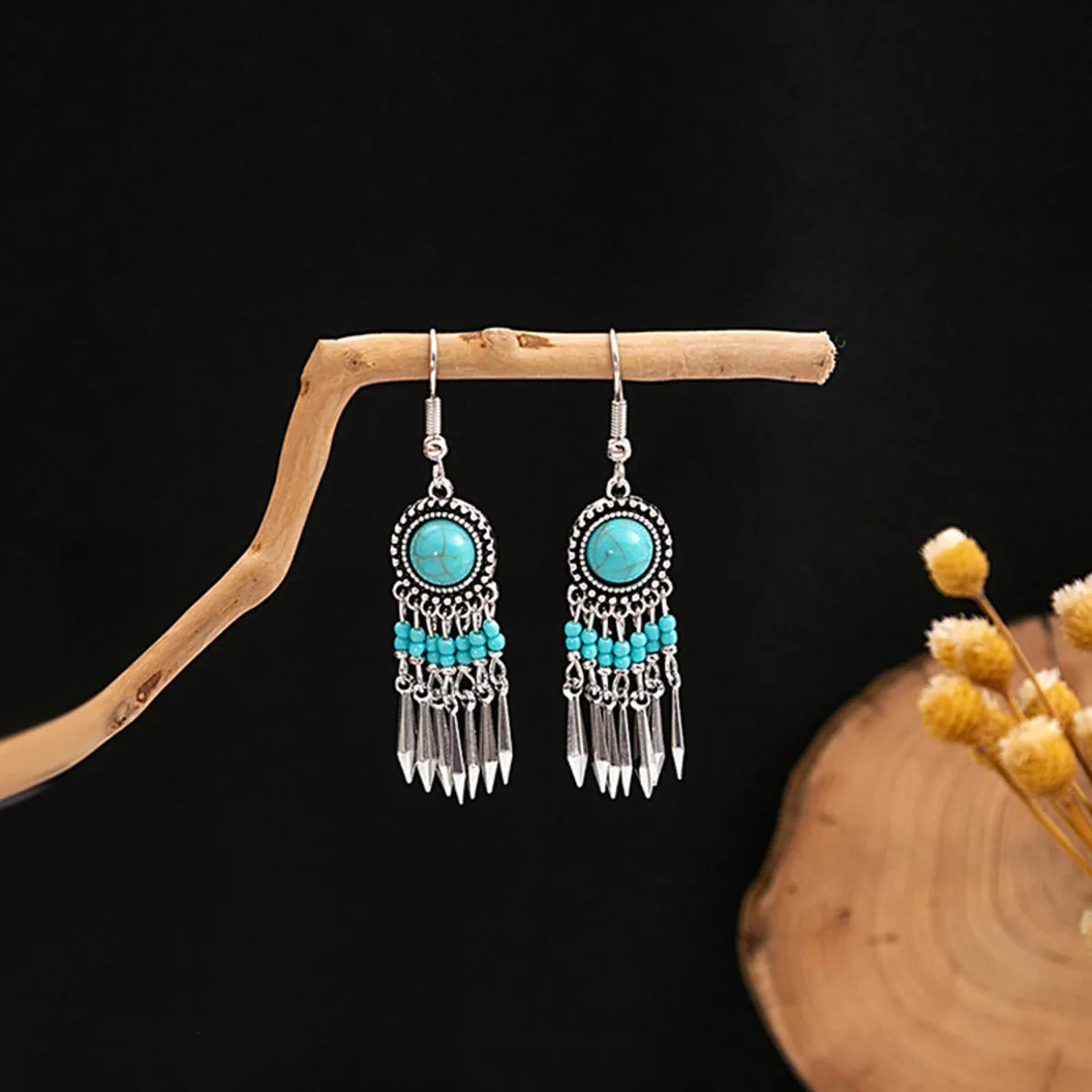 1 Pair Retro Ethnic Style Round Tassel Beaded Enamel Plating Alloy Drop Earrings