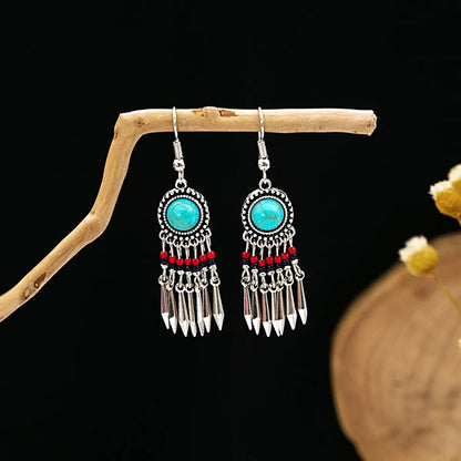 1 Pair Retro Ethnic Style Round Tassel Beaded Enamel Plating Alloy Drop Earrings