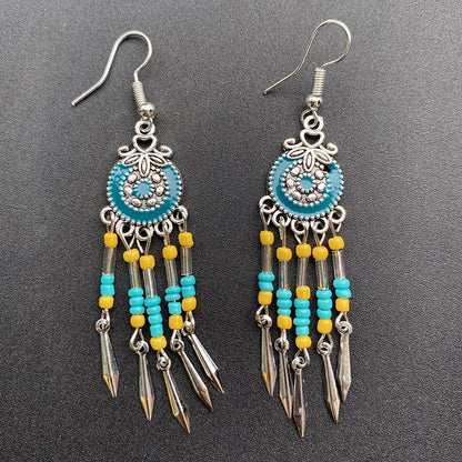 1 Pair Retro Ethnic Style Round Tassel Beaded Enamel Plating Alloy Drop Earrings