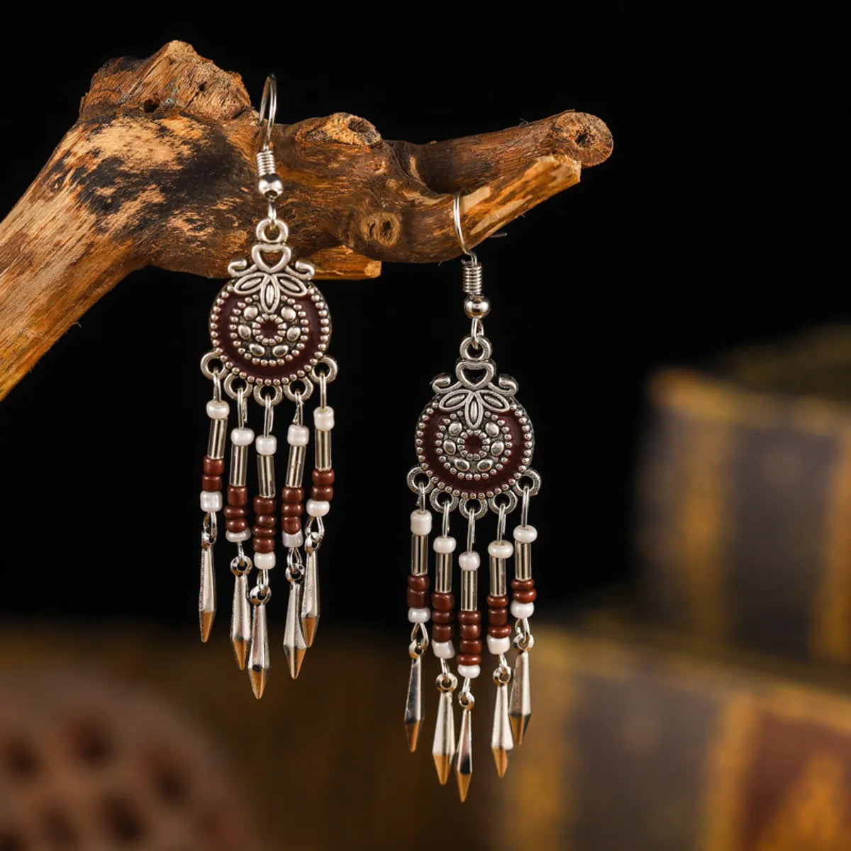 1 Pair Retro Ethnic Style Round Tassel Beaded Enamel Plating Alloy Drop Earrings