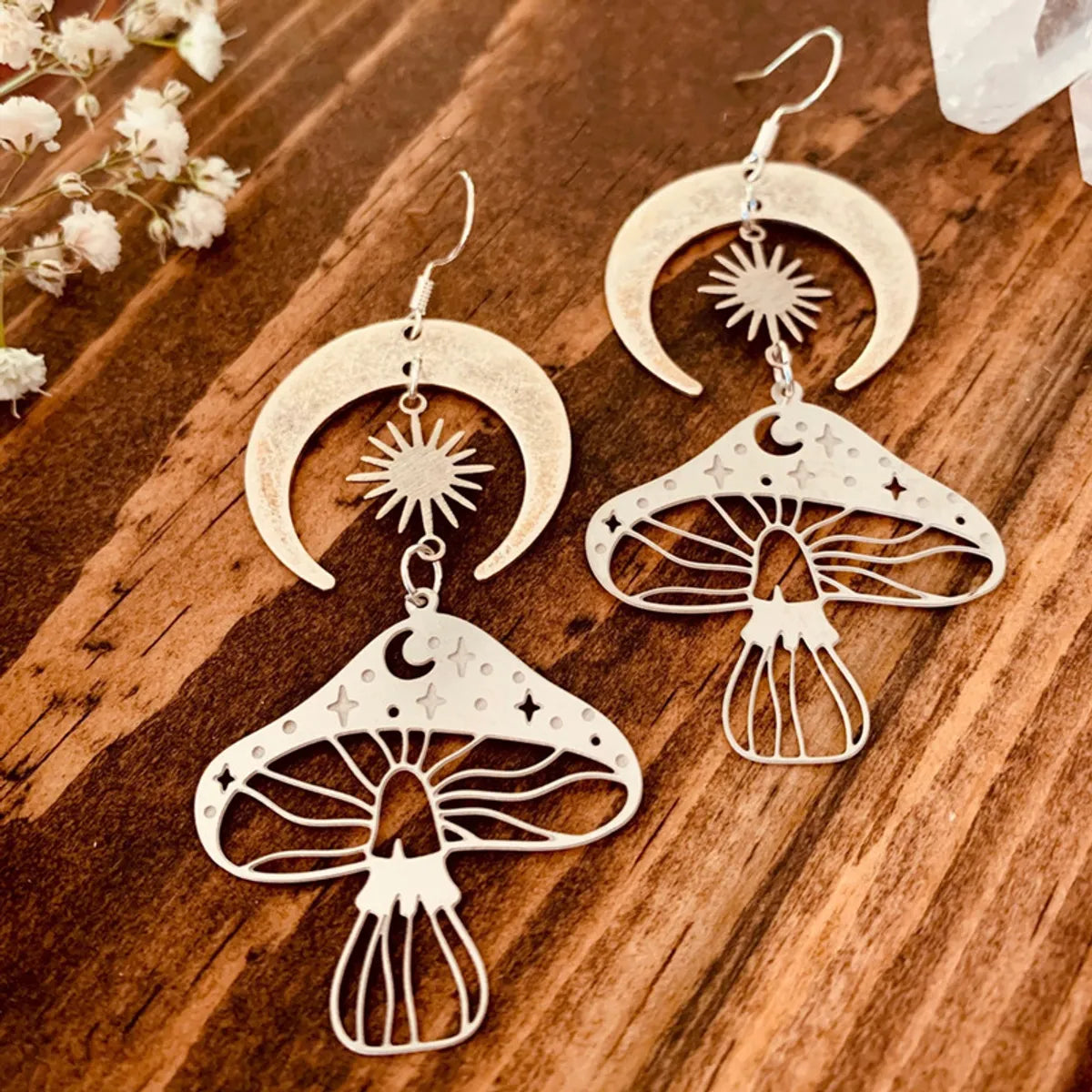 1 Pair Retro Ethnic Style Sun Moon Mushroom Plating Hollow Out Alloy Drop Earrings