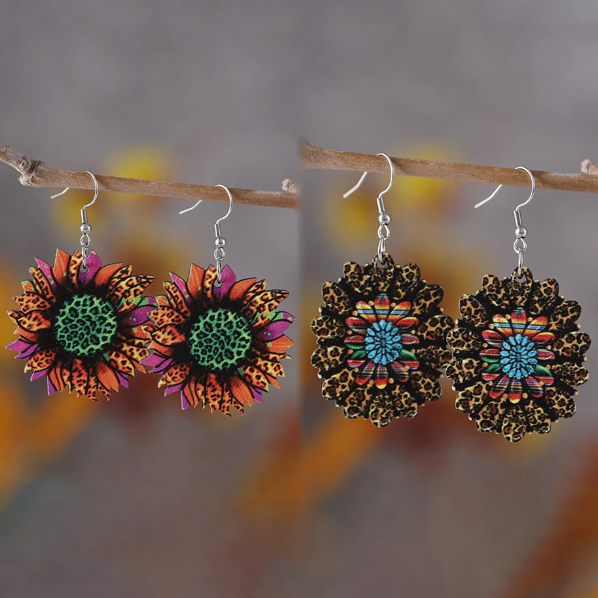 1 Pair Retro Ethnic Style Sunflower Wood Drop Earrings