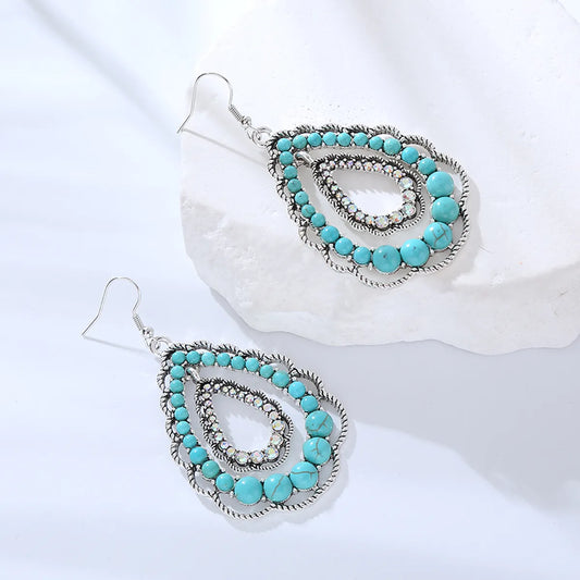 1 Pair Retro Ethnic Style Water Droplets Plating Inlay Alloy Turquoise Rhinestones Silver Plated Drop Earrings