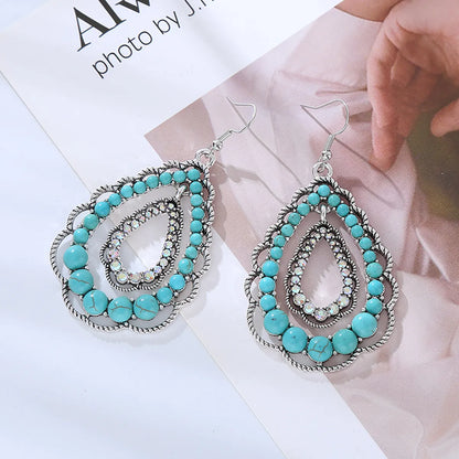 1 Pair Retro Ethnic Style Water Droplets Plating Inlay Alloy Turquoise Rhinestones Silver Plated Drop Earrings