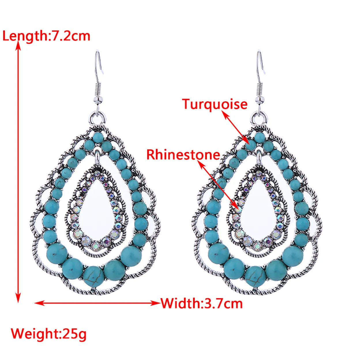 1 Pair Retro Ethnic Style Water Droplets Plating Inlay Alloy Turquoise Rhinestones Silver Plated Drop Earrings