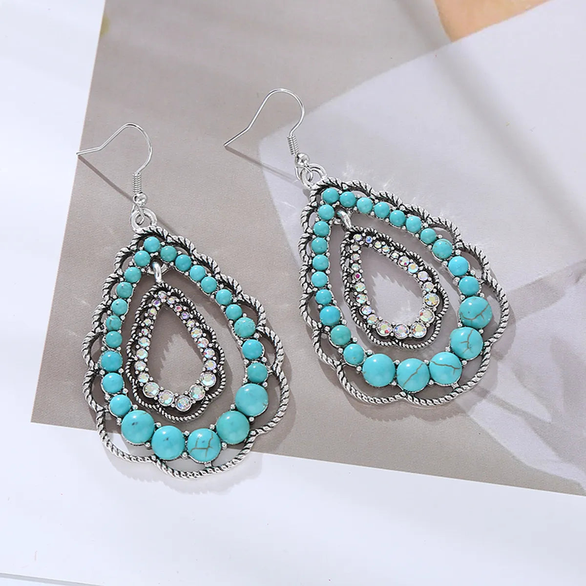 1 Pair Retro Ethnic Style Water Droplets Plating Inlay Alloy Turquoise Rhinestones Silver Plated Drop Earrings