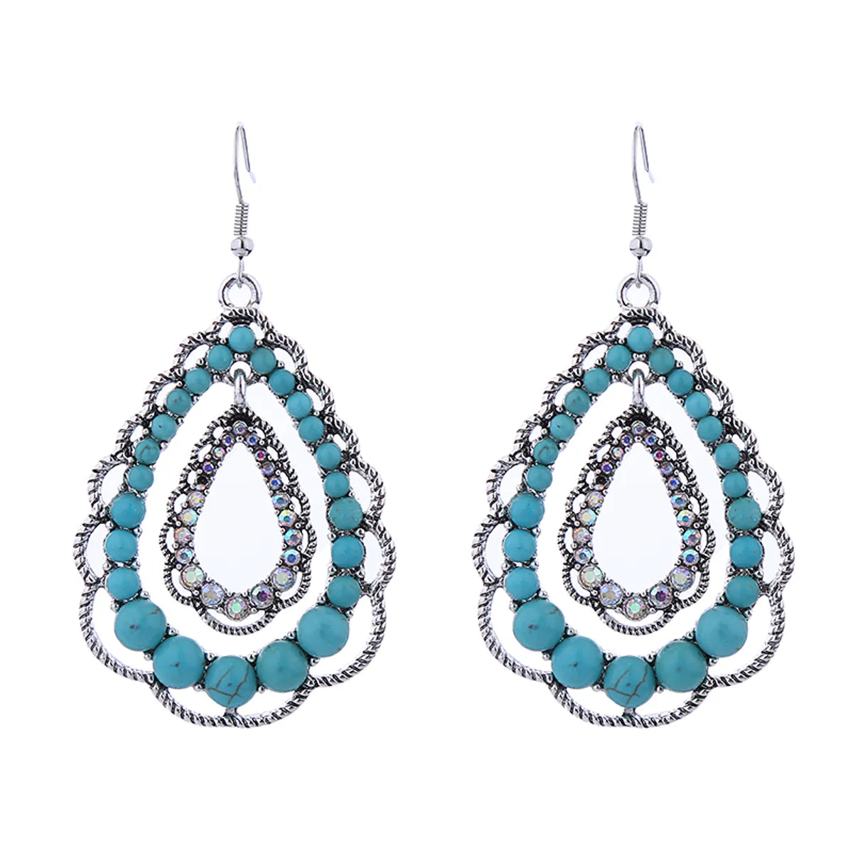 1 Pair Retro Ethnic Style Water Droplets Plating Inlay Alloy Turquoise Rhinestones Silver Plated Drop Earrings