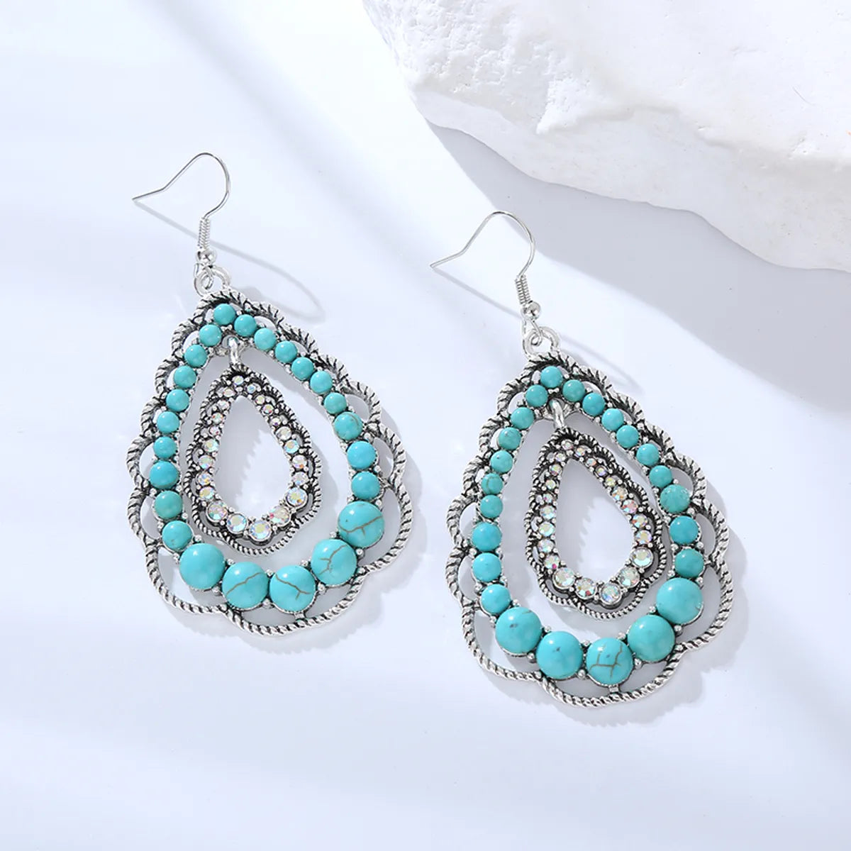 1 Pair Retro Ethnic Style Water Droplets Plating Inlay Alloy Turquoise Rhinestones Silver Plated Drop Earrings