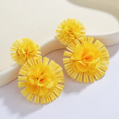 1 Pair Retro Exaggerated Flower Braid Cloth Raffia Drop Earrings