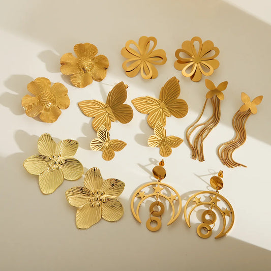 1 Pair Retro Exaggerated Flower Butterfly Plating 304 Stainless Steel 18K Gold Plated Drop Earrings