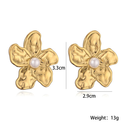 1 Pair Retro Exaggerated Flower Inlay 304 Stainless Steel Pearl Ear Studs