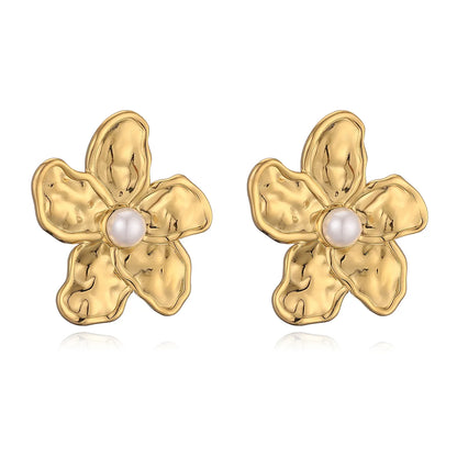 1 Pair Retro Exaggerated Flower Inlay 304 Stainless Steel Pearl Ear Studs