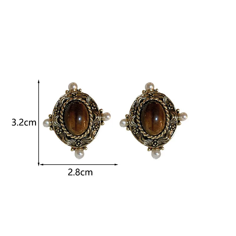 1 Pair Retro Exaggerated Leaves Flower Inlay Alloy Tiger Eye Drop Earrings