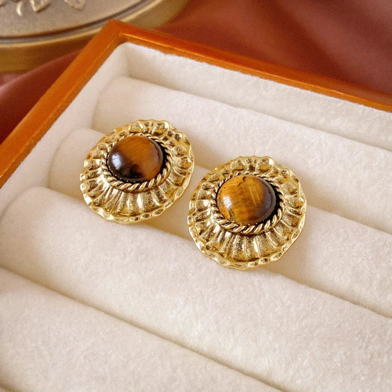 1 Pair Retro Exaggerated Leaves Flower Inlay Alloy Tiger Eye Drop Earrings