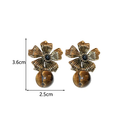 1 Pair Retro Exaggerated Leaves Flower Inlay Alloy Tiger Eye Drop Earrings