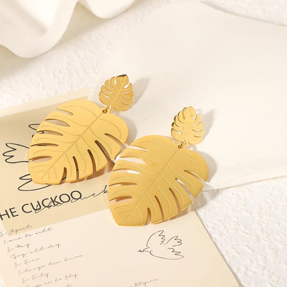 1 Pair Retro Exaggerated Leaves Plating Hollow Out Stainless Steel 18k Gold Plated Drop Earrings