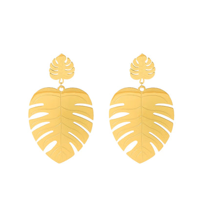 1 Pair Retro Exaggerated Leaves Plating Hollow Out Stainless Steel 18k Gold Plated Drop Earrings