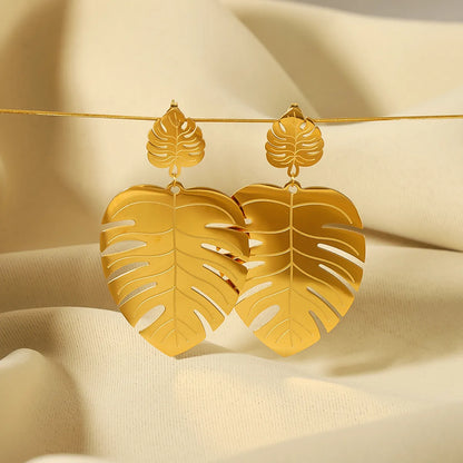 1 Pair Retro Exaggerated Leaves Plating Hollow Out Stainless Steel 18k Gold Plated Drop Earrings