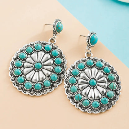 1 Pair Retro Flower Inlay Alloy Turquoise Drop Earrings