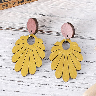 1 Pair Retro Flower Printing Wood Drop Earrings