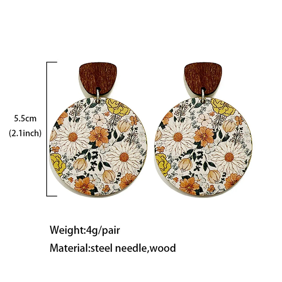 1 Pair Retro Flower Wood Copper Printing Patchwork Women's Drop Earrings