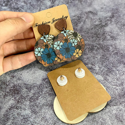 1 Pair Retro Flower Wood Copper Printing Patchwork Women's Drop Earrings