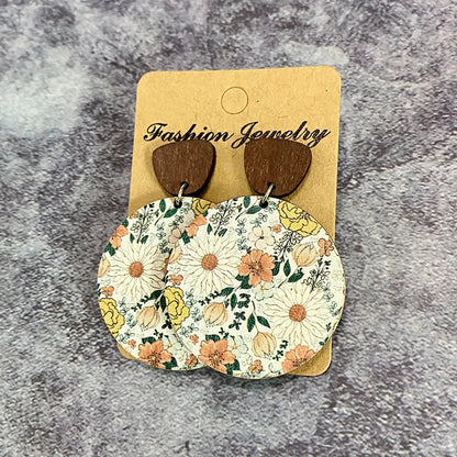 1 Pair Retro Flower Wood Copper Printing Patchwork Women's Drop Earrings