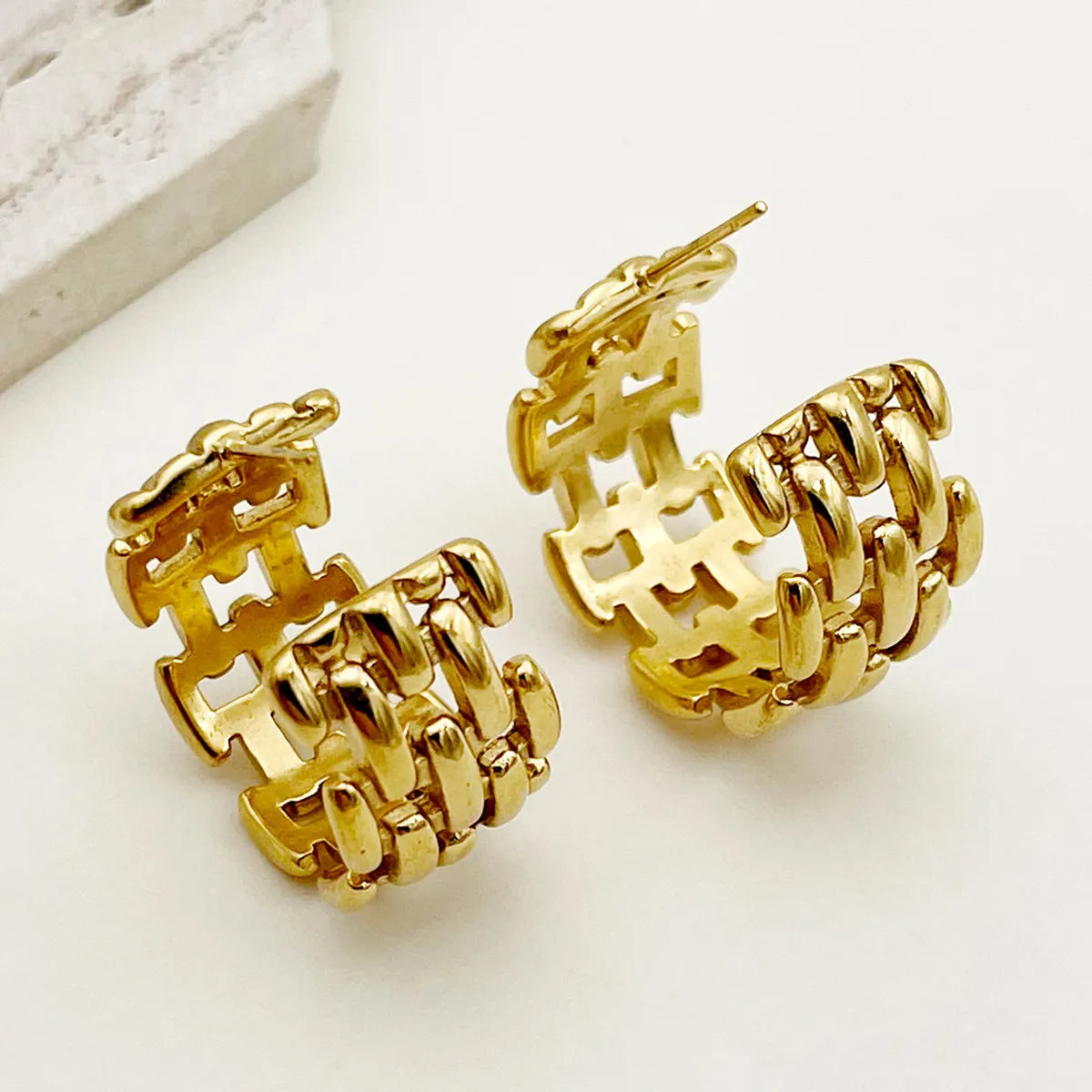 1 Pair Retro French Style C Shape Chain Plating Stainless Steel Gold Plated Ear Studs