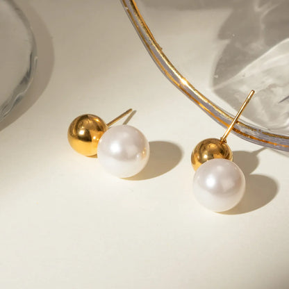 1 Pair Retro French Style Classic Style Solid Color 304 Stainless Steel Artificial Pearls 18K Gold Plated Ear Studs