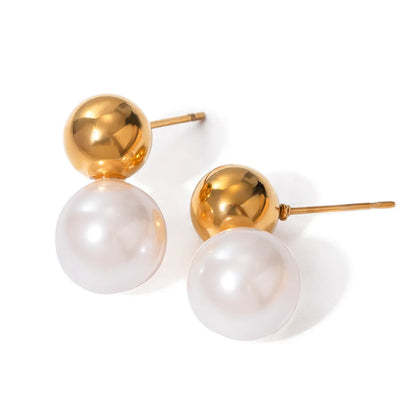 1 Pair Retro French Style Classic Style Solid Color 304 Stainless Steel Artificial Pearls 18K Gold Plated Ear Studs