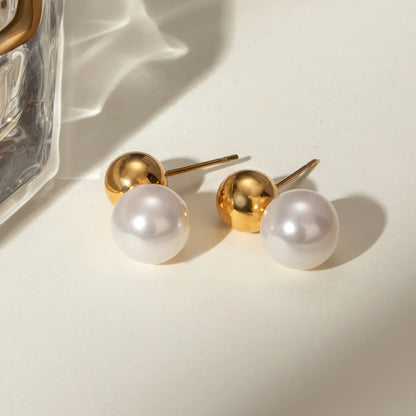 1 Pair Retro French Style Classic Style Solid Color 304 Stainless Steel Artificial Pearls 18K Gold Plated Ear Studs