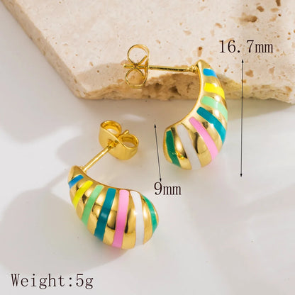 1 Pair Retro French Style Commute Stripe Water Droplets Enamel Copper 18K Gold Plated Ear Studs