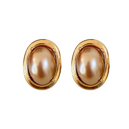 1 Pair Retro French Style Irregular Geometric Oval Inlay Copper Imitation Pearl Tiger Eye Drop Earrings Ear Studs