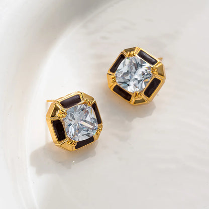 1 Pair Retro French Style Quadrilateral Enamel Plating Inlay Copper Zircon Ear Studs