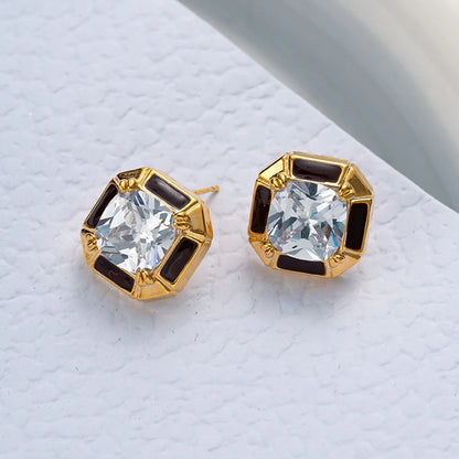 1 Pair Retro French Style Quadrilateral Enamel Plating Inlay Copper Zircon Ear Studs